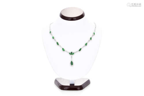 18K WHITE GOLD JADEITE AND DIAMONDS NECKLACE WITH GIA CERTIFICATE