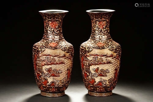 PAIR OF LACQUER CARVED 'LANDSCAPE' VASES