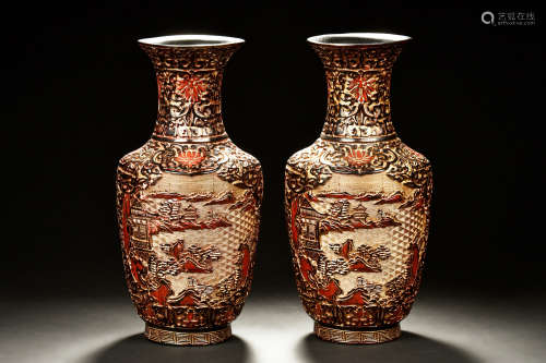 PAIR OF LACQUER CARVED 'LANDSCAPE' VASES