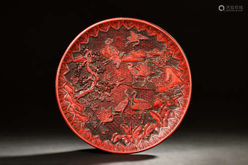 CINNABAR LACUQER CARVED 'CRANES' DISH