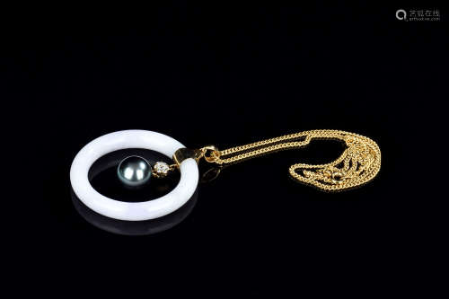 14K YELLOW GOLD TAHITIAN PEARL, JADEITE, AND PEARL NECKLACE