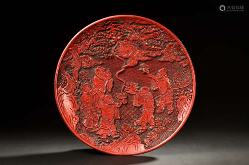 CINNABAR LACUQER CARVED 'FIVE ELDERS' DISH