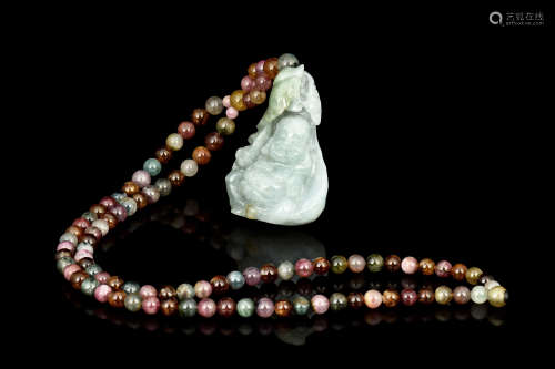 ICY JADEITE CARVED BUDDHA PENDANT WITH TOURMALINE NECKLACE