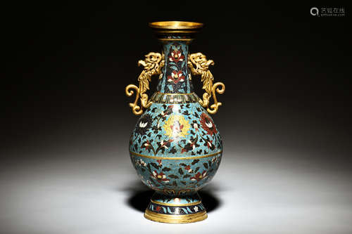 CLOISONNE ENAMELED VASE WITH BEAST HANDLES