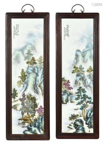 WANG YETING: PAIR OF FRAMED FAMILLE ROSE PLAQUES 'LANDSCAPE'