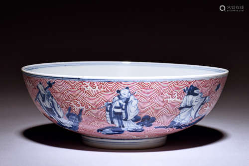 BLUE AND WHITE UNDERGLAZED RED 'IMMORTALS' BOWL