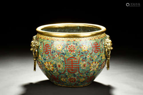 CLOISONNE ENAMELED CENSER WITH BEAST MASK HANDLES