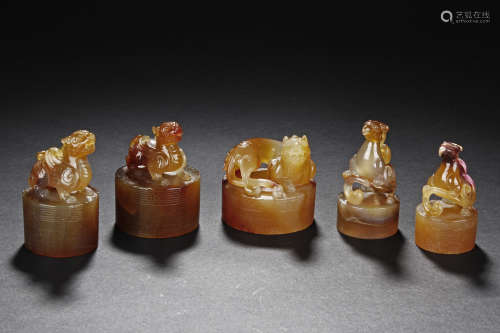 SET OF FIVE AGATE 'MYTHICAL BEAST' SEALS