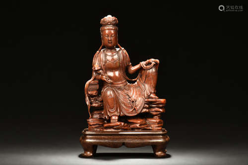 RED SHOUSHAN STONE CARVED GUANYIN FIGURE