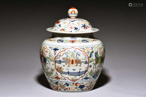 WUCAI 'MYTHICAL ANIMALS' JAR WITH COVER