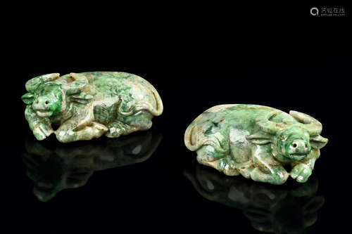 PAIR OF JADEITE CARVED WATER BUFFALOS