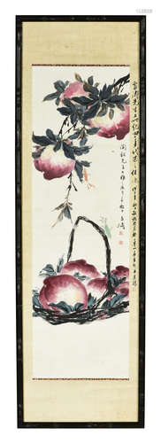 WANG XUETAO: FRAMED INK AND COLOR ON PAPER PAINTING 'PEACHES'