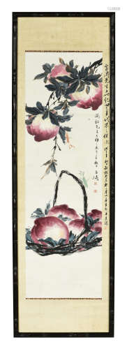 WANG XUETAO: FRAMED INK AND COLOR ON PAPER PAINTING 'PEACHES'