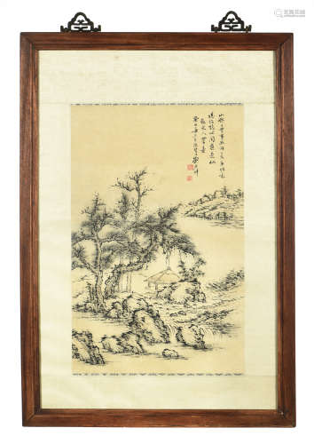 LIU YANCHONG: FRAMED INK ON PAPER PAINTING 'LANDSCAPE SCENERY'