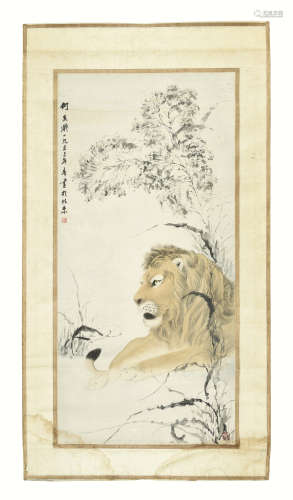 HE XIANGNING: INK AND COLOR ON PAPER PAINTING 'LION'