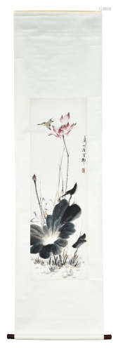 WANG XUETAO: INK AND COLOR ON PAPER PAINTING 'LOTUS FLOWERS'
