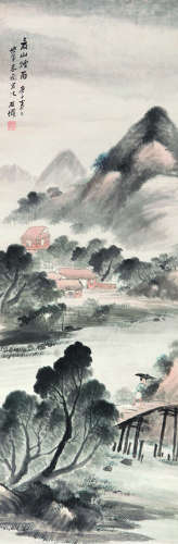 吴石僊 庚子（1900）年作 夏山烟雨 立轴 设色纸本