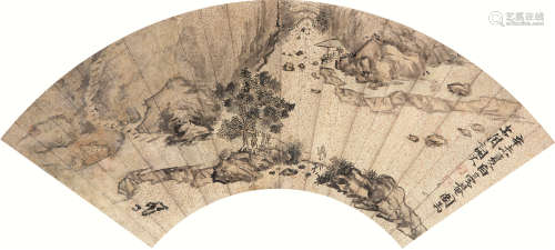 张瑞图 辛未（1631）年作 溪谷人家 扇面 设色纸本