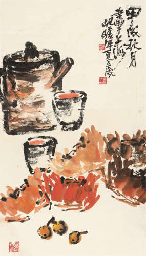 朱屺瞻 甲戌（1994）年作 醉蟹图 立轴 设色纸本