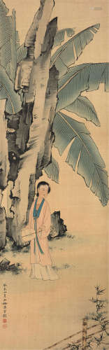 陈少梅 癸未（1943）年作 纨扇仕女 镜片 设色纸本
