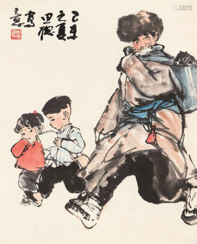 周思聪 己未（1979）年作 放学图 镜片 设色纸本