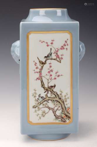 Chinese Blue Ground Famille Rose Square Vase