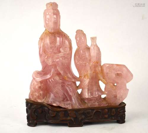 Chinese Carved Rose Quartz Figures on Wood Stand