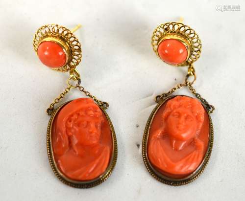 Pair of 14K Coral Cameo Earrings