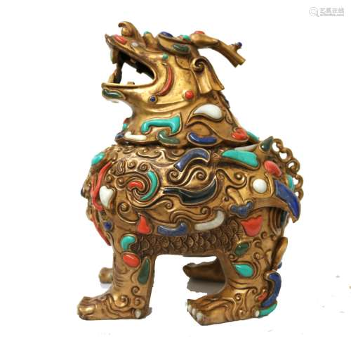 Chinese Gilt Bronze Foo Dog Censer w. Jew Inlaid