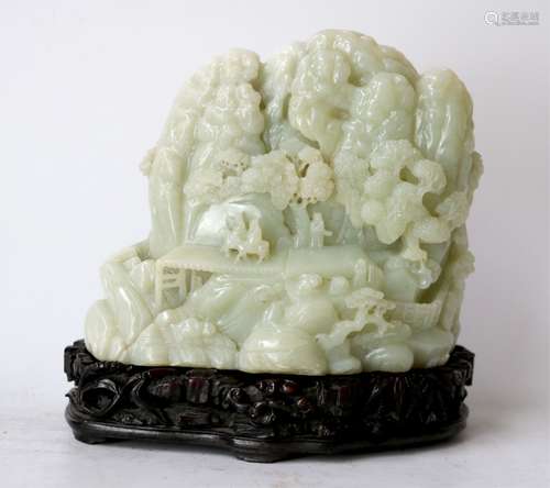 Finely Carved Chinese Celdaon Jade Boulder w Stand