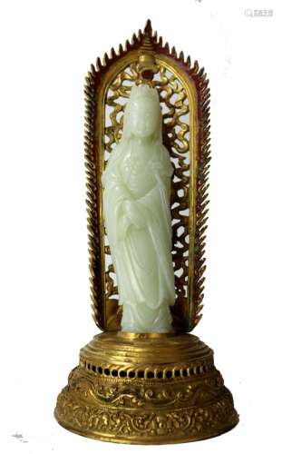 Chinese Jade Guanyin with Gilt Bronze Base
