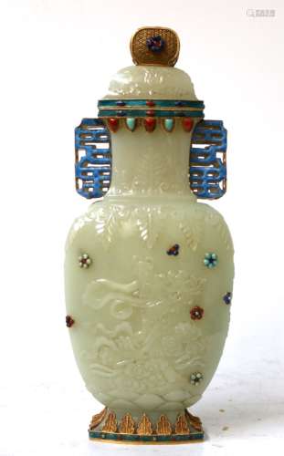 Chinese Carved Jade Vase with Stone Inlaid