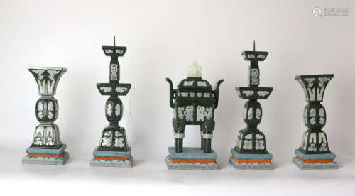 Set Chinese Jade Candle Holders, Vases & Censer