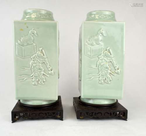 Pair Chinese Carved Celadon Glazed 4-Sided Vases