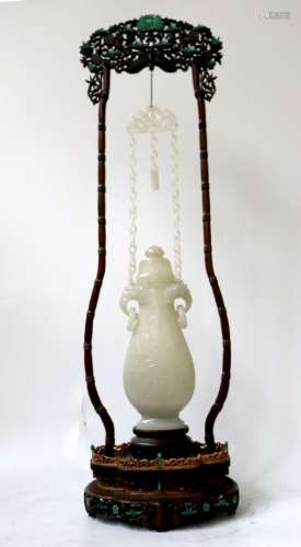 Chinese Carved Jade Vase Hang on Wood Stand