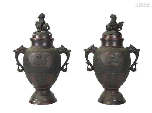 Pr Meiji Period Japanese  Bronze Covered Vases