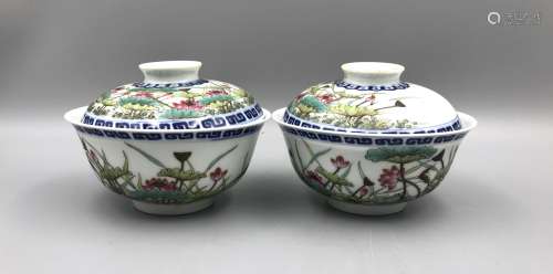 Pr Chinese Famille Rose Tea Cups w Lids