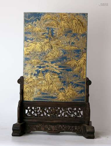 Chinese Gilt Lapis Plaque on Wood Stand