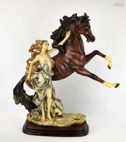 A Santini Italian Porcelain Sculpture Woman &Horse