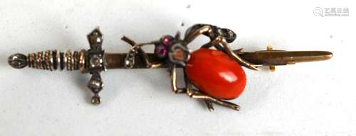 Antique Silver + Semi Precious Stone + Coral Pin