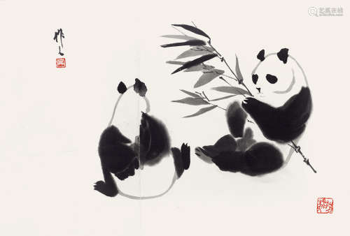吴作人 熊猫 镜框 纸本