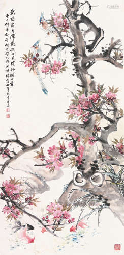 何煜(1852-1928)桃花翠鸟