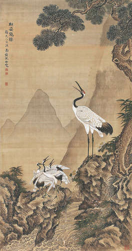 沈铨(1682-1760)松姿鹤鸣