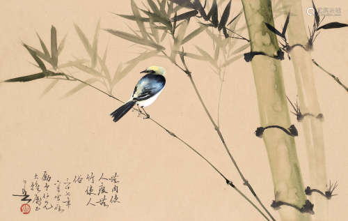 黄幻吾 1948年作 翠竹小鸟 镜框 设色纸本