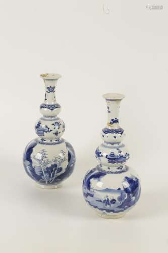 A PAIR OF CHINESE BLUE AND WHITE TRIPLE-BULB VASES