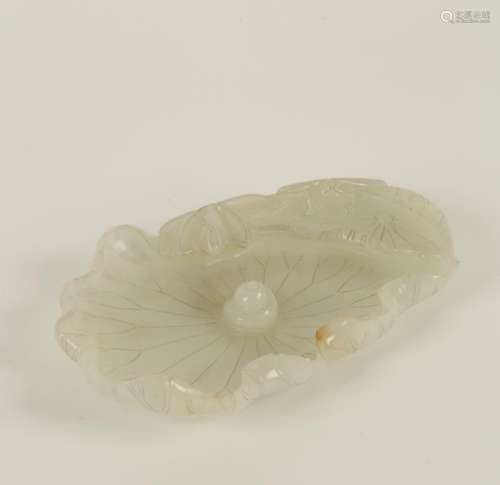 A CHINESE PALE CELADON JADE LEAF BRUSH WASHER