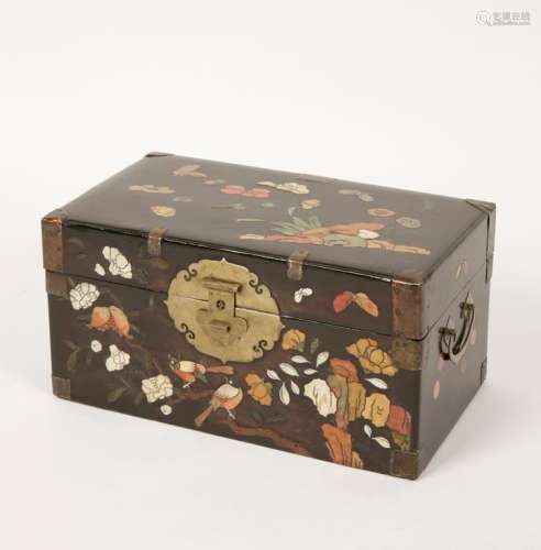 A CHINESE HARD-STONE INLAID LACQUER SMALL CHEST