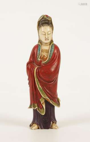 A CHINESE POLYCHROME PAINTED SOAPSTONE FIGURE OF GUANYIN,