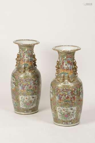 A LARGE PAIR OF CANTONESE PORCELAIN VASES