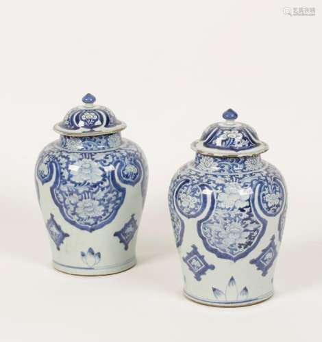 A PAIR OF CHINESE BLUE AND WHITE PORCELAIN VASES AND COVERS
